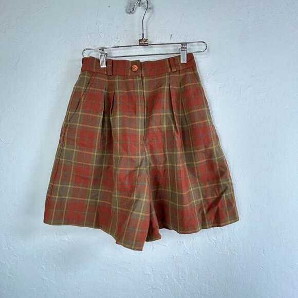 Women’s Checkered High Waist Pleated Shorts Red Brown Casual Lined Pockets 64-68 - Picture 1 of 12